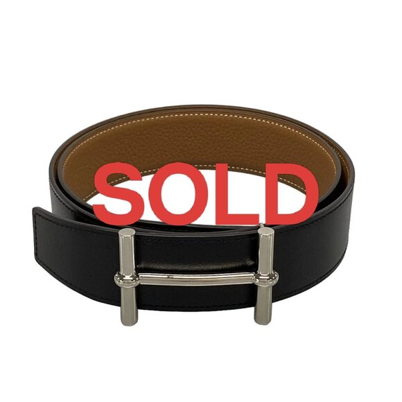 HERMES H Belt - Black Gold Box Calf Togo B Belt 699-070725 - Picture 1 of 6